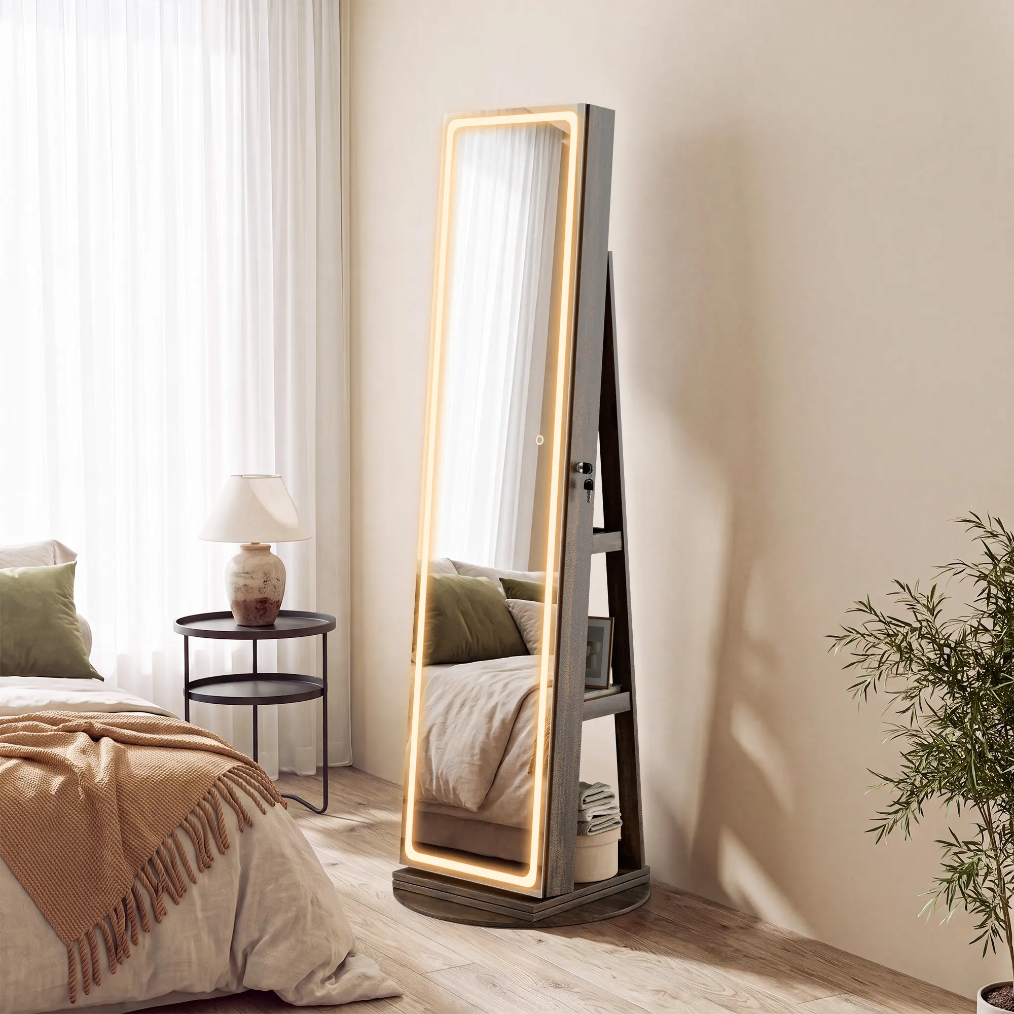 LHBCRAFT Touch Screen Full-length Mirror Cabinet, Mirror Jewelry Cabinet Standing, jewelry armoire, Mirror with Storage, Jewelry Organizer