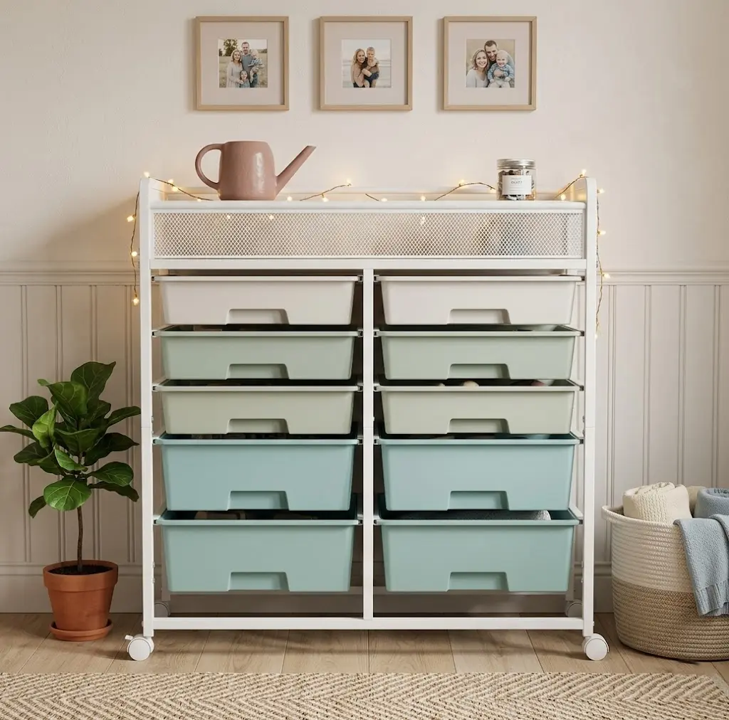 Double Row 10-Drawer Rolling Storage Cart with Metal Mesh Top, Plastic Drawers, Large Capacity, Silent Wheels & Rack, Mobile Office Furniture Utility Organizer for Kitchen, Office