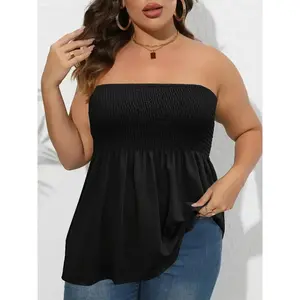 Plus Size Solid Ruffle Hem Shirred Tube Top, Boho Fashion Chic Style Tops, Lady Strapless Top, Womenswear, Casual Sleeveless Strapless Black Top