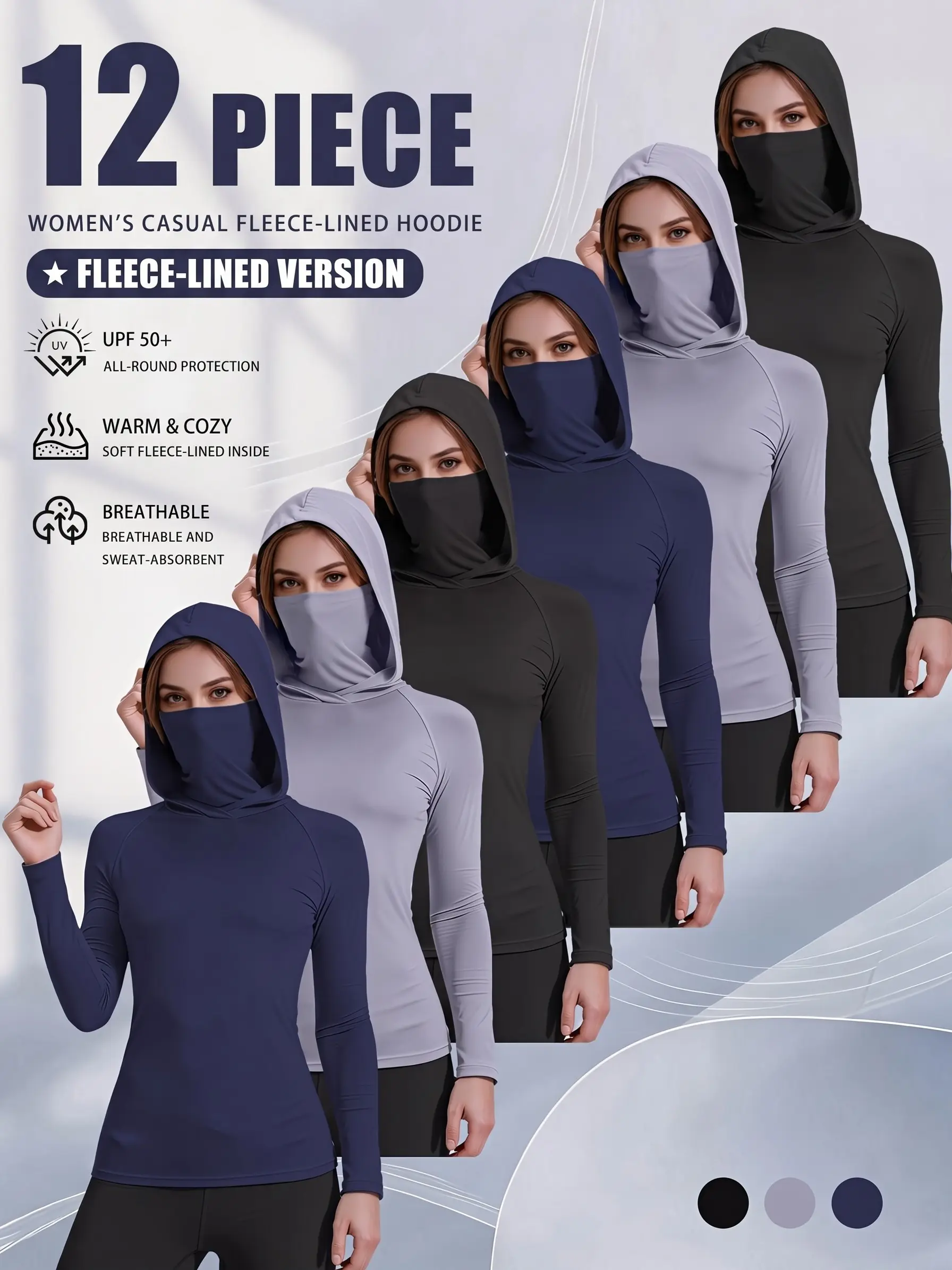 Women's 6-12 Pack Winter Running Fleece Top - Thermal Stretch Long Sleeve Athletic Shirt with Face Cover, Bulk Outdoor Activewear