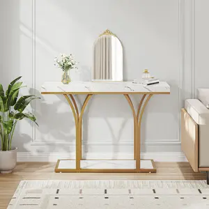 Yitahome Gold Console Table with LED Lights, White and Gold Entryway Table, Modern Narrow Sofa Side Foyer Accent Table with Faux Marble Top Luxury for Living Room