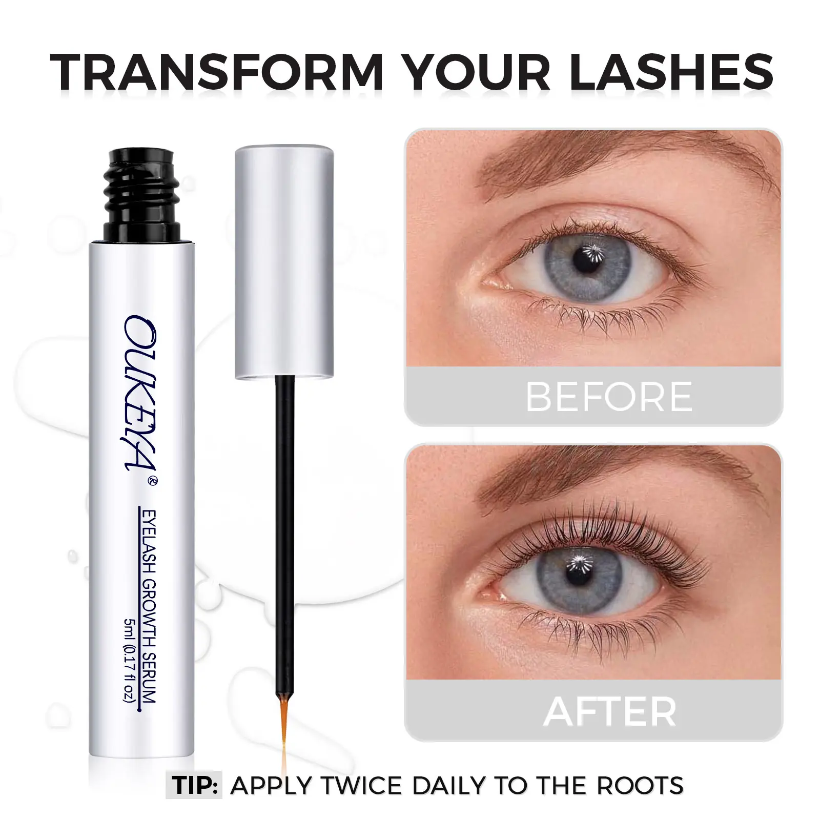 [Oukeya] Viral Eyelash Growth Serum, Jumbo 5ml fl.oz, Organic Vegan Prostaglandin-Free Formula with Ginseng Root & Fo-Ti Extract, Safe Gentle Eye Care, Delivers Visibly Fuller, Thicker & Longer Lashes & Brows Within 2 Weeks