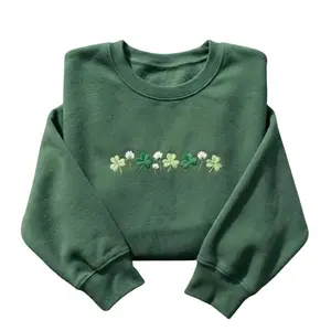 Embroidered Shamrocks Crewneck Sweatshirt, St. Patrick's Day Irish Sweatshirt, Shamrock Meadow Design, Cozy Pullover for St. Patrick’s Day,Lucky Meadow Floral Pullover for Women, Elegant Botanical Green Holiday Shirt, Soft Cozy Cotton Top