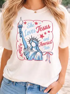 She Loves Jesus and America too Shirt, 4th July Faith tee, Christian 4th july, Clean Look, Goes with Anything, Ready to Go, Full Color, Full Sizes.
