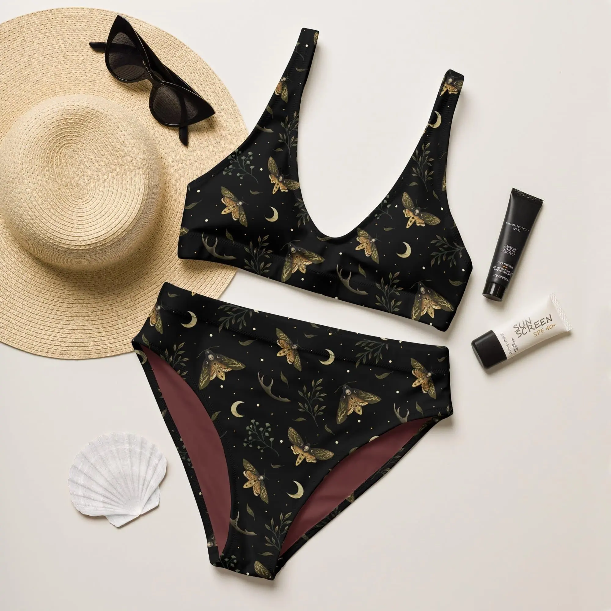 DEATH Recycled high-waisted bikini, Moth and Moon Witchy Swimming Suit, Gothic Swimsuit, Witchcore Bikini, Dark Academia Gift