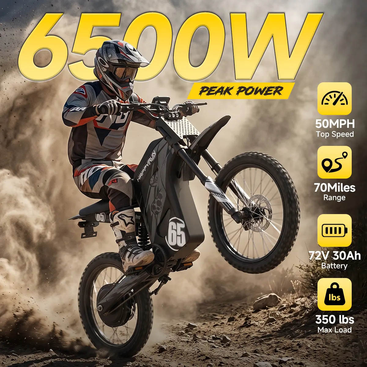 HAPPYRUN G300 PRO 6500W Peak E-Bike, 72V 30Ah Removable Battery, Up To 70 Miles Long Range, 50 MPH Top Speed, 350 Lbs Max Load, Powerful Electric Bicycle With 2 Year Warranty