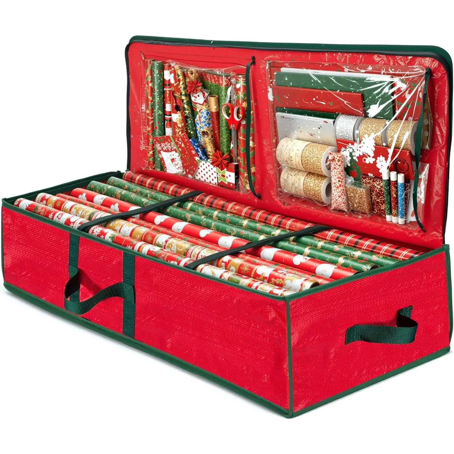 Gift Wrapping Paper Organizer Storage - 40" Gift Wrap Storage Containers With Interior Pockets For Bows, Tags & Ribbons, Waterproof, Fits 24 Standard Rolls, Red