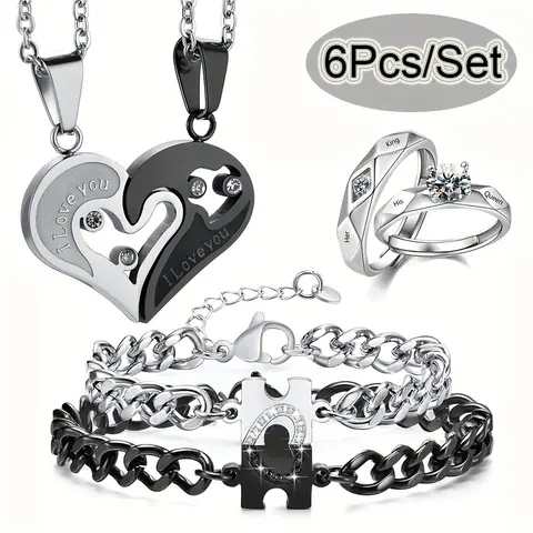 6Pcs Cute Couple Heart Jewelry Set - His & Hers Pendant Necklaces, Bracelets, Female Ring, Casual Romantic Accessories - Intimate Gift for Girlfriend, BF, Anniversary, Valentine's Day