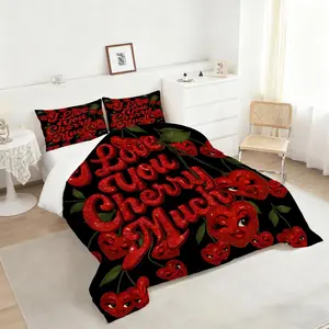 2/3 Pcs Retro Y2K Spicy Girl Style Comforter Set, Breathable Duvet Set, American Sweetheart Cherry Print Quilted Bedding Set, Soft and Breathable, Includes 1 or 2 Pillowcases (Excluding Pillow Core)