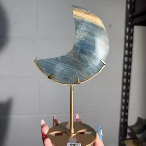 Lemurian Aquatine Calcite Moon on Stand