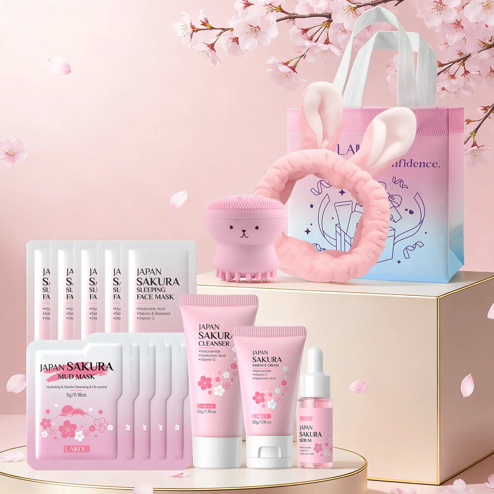 LAIKOU Sakura Skincare Set for Teen Girls, Complete 16PCS Face Care Kit, Christmas Pamper Gift Set for Women & Teenage Girls, Hydrating & Nourishing Travel-Friendly Daily Facial Skincare Routine