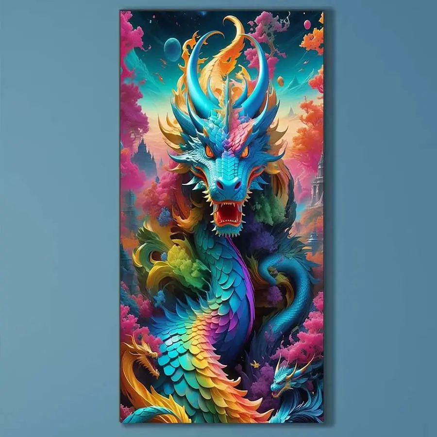 5D DIY Full Diamond Round Drill Painting - Diamond Painting Kit Colorful Giant Dragon Mosaic Canvas DIY Wall Art, Home Wall Decoration Diamond Pattern Design Craft