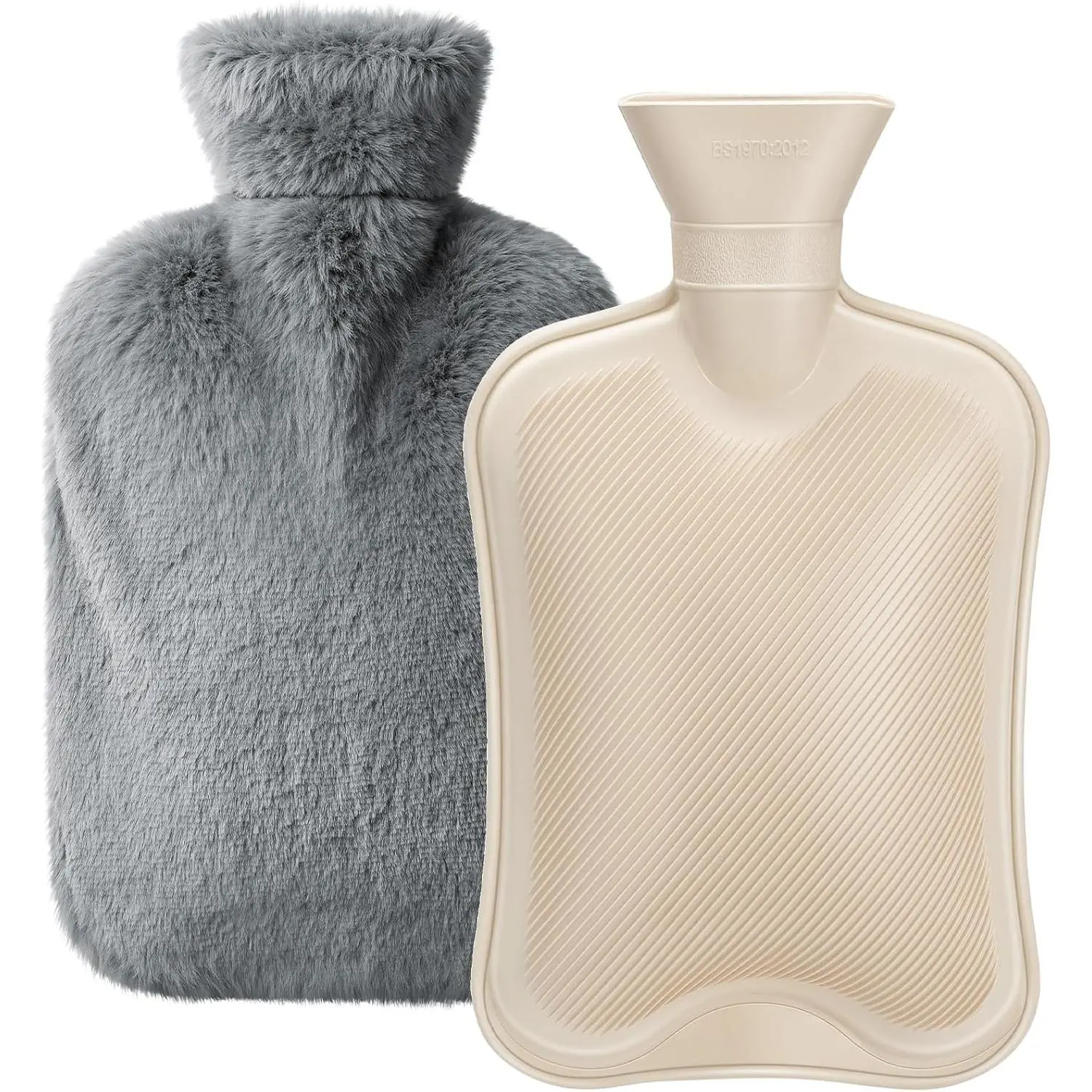2L Natural Rubber Hot Water Bottle with Cover, Leakproof Design for Hot & Cold Compress, Ideal for Menstrual Cramps/Hand & Feet Warmer/Neck & Shoulder Pain Relief, Ultra-Soft Touch, Gray