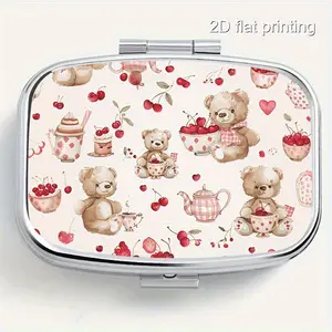 Cherry Bear Pattern Portable Pill Box, 2 Compartment Travel & Outdoor Metal Case, Moisture-Proof Sealed, Ideal for Vitamins Jewelry Earrings