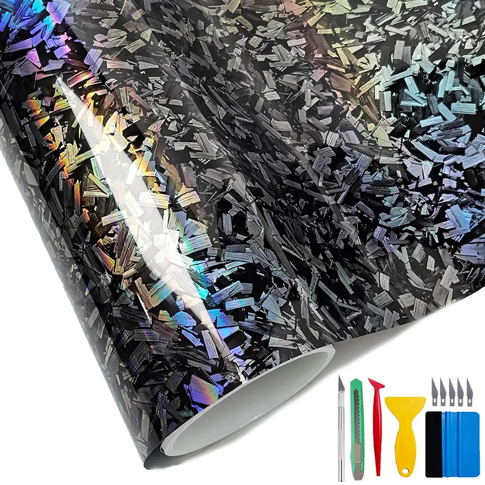 High Gloss Black Chrome Forged Carbon Fiber Automotive Vinyl Roll - 1ft x 5ft Self-Adhesive Decal for Cars with Air Release Technology, Permanent Vinyl Wrap Film Sticker Kit with Tools, Father's Day Gift Option, Permanent Vinyl Car Stickers