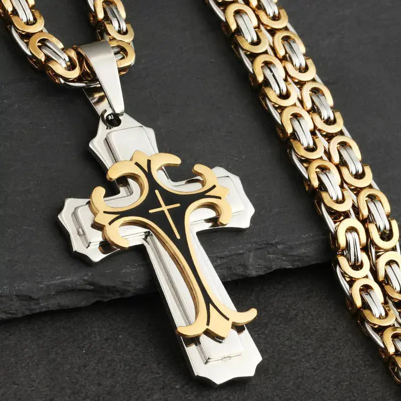 Trinity Cross Necklace, Vintage Religious Unisex Pendant in Stainless Steel, 38x59mm on a Link Chain, Chain Jewelry Necklaces, Christian Fashion, 38Mm*59Mm