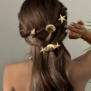 Ocean Style Gold Color Starfish S Conch Hair Clips For Women Beach Scallop Metal Hairpin Beach Party Daily Jewelry Decor