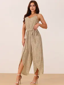 INSPIRE CHIC Summer Casual Spaghetti Straps Sleeveless V Neck Tie Waist Split Wide Leg Jumpsuits Rompers