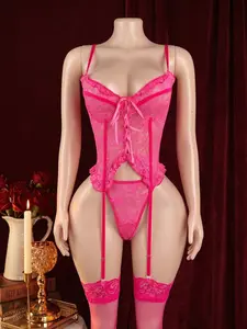 Hot Pink Sheer Lace-Up Corset Garter Set with Frill Trim, Adjustable Straps & Matching Thong Panty, Curvy-Fit Boudoir Lingerie lingerie style lingerie outfit  classic sexy sexy lace lingerie set