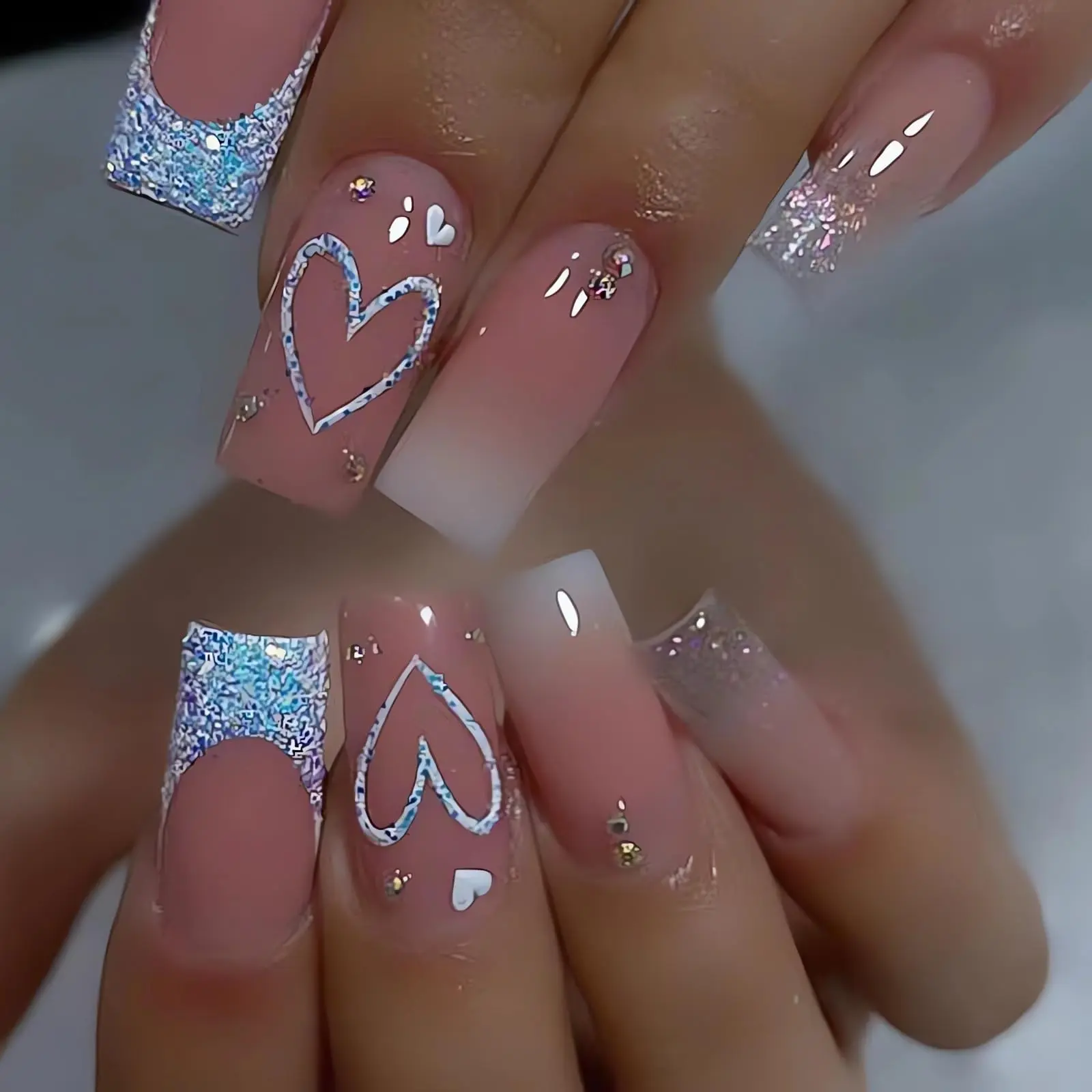 Square Press on Nails Medium Length - French Tip Press on Nails Heart Deign, Glossy Pink Fake Nails with Adhesive Glue Stickers, Reusable Stick on Nails in 12 Sizes, 24 Pcs Medium French Nails