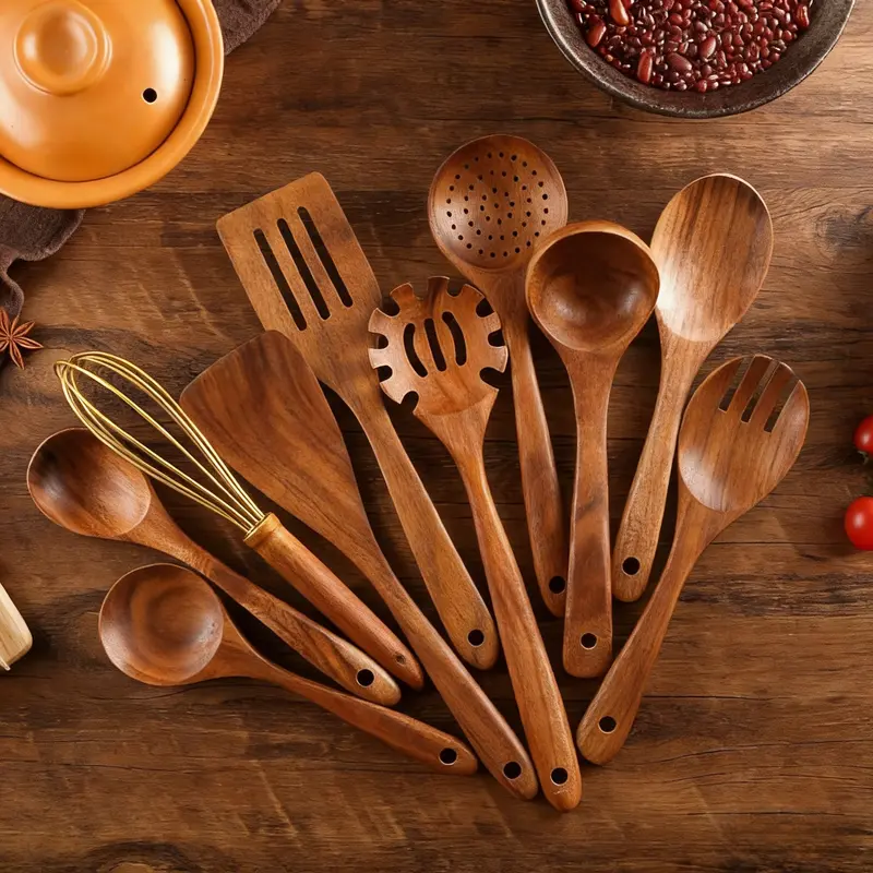 10-Piece Natural Wood Original Wood Kitchenware Utensils Set, Kitchen Gadgets Set, Heat-Resistant Wooden Cooking Tools with Ergonomic Handles, Includes Spoons, Turners and Other Utensils, Safe for All Cooktops