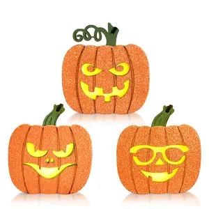 Halloween Wooden Table Sign with Led Lights-Light Up Pumpkin Halloween Indoor Decorations-Fall Centerpieces for Festive Haunted House Farmhouse Home Tabletop Tiered Tray Decor (3 Packs)