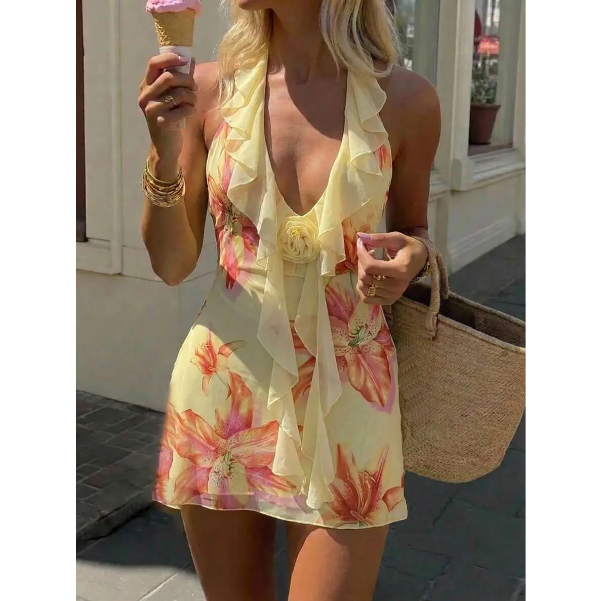 Women's Spring/Summer Vacation New Ruffled Deep V Floral Mini A-Line Dress With Tie-Back, Print Bodycon Suitable For Date, Party, Beach,Summer