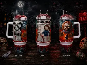 Handmade Chucky Horror Stainless Steel Tumbler, Aesthetic Insulated Reusable Water Bottle with Straw & Faux Ice Lid - Spooky Halloween Drinkware