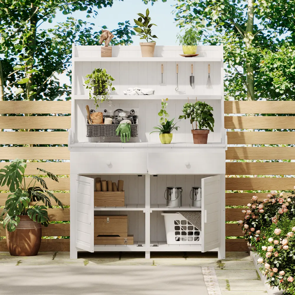 white 25 cupboards & cabinets TOPMAX 65inch Garden Potting Bench Table, Fir Wood Workstation with Storage Shelf, Drawer and Cabinet, White