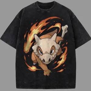 Men's Pocket Monsters "Cubone" Classic Oversized Vintage Unisex Ribbed Seamless Acid Washed Heavyweight Cotton T-shirt, Anime Manga Apparel for Fans