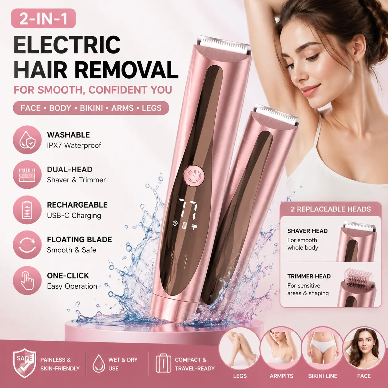 Women's Electric Razor Trimmer 2-in-1 - IPX6 Waterproof Painless Full Body Hair Remover for Bikini Line Face Armpits Legs, USB-C Rechargeable gift travel removable head woman washable blade