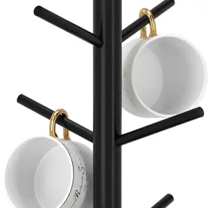 Black Coffee Mug Tree Updated Thick Bamboo Mug Holder Base Coffee Cup Stand Mug Holders with 6 Hooks Countertop Cup Rack Organizer Stand