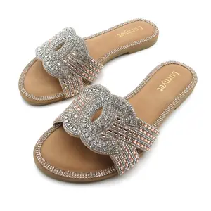 Women's Sandals, Rhinestone Sparkle Open Toe Flat Slides with Padded Strap, Comfortable Slip-On for Summer Beach Vacations