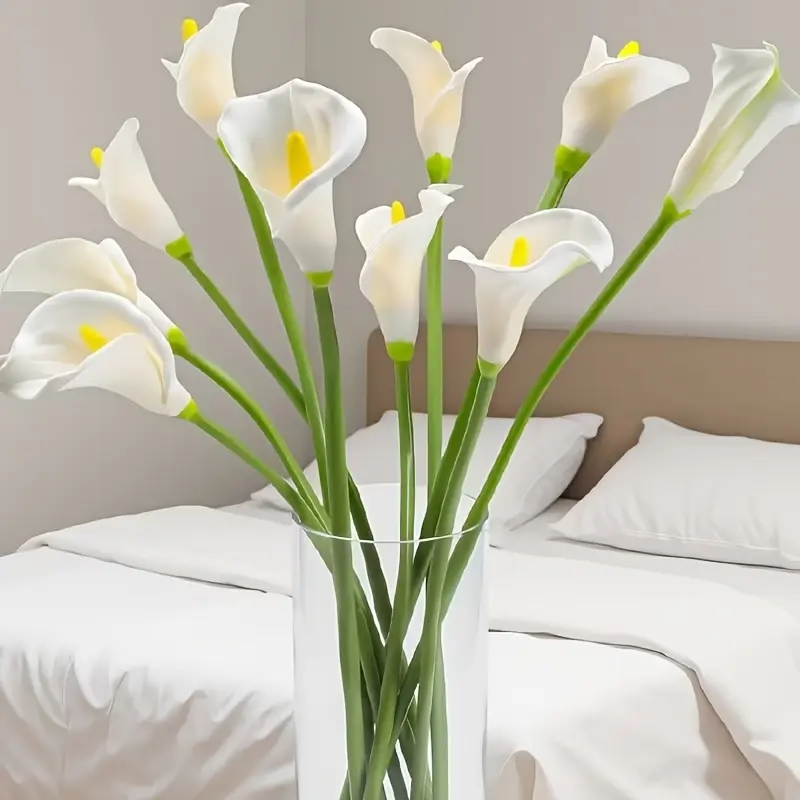 10 Artificial White Calla Lilies, Decorative Fake Flower, Realistic PU-textured flowers, ideal for wedding and home decoration, Mother's Day centerpieces, spring flower arrangements, Battery-free, versatile floral decorations for indo
