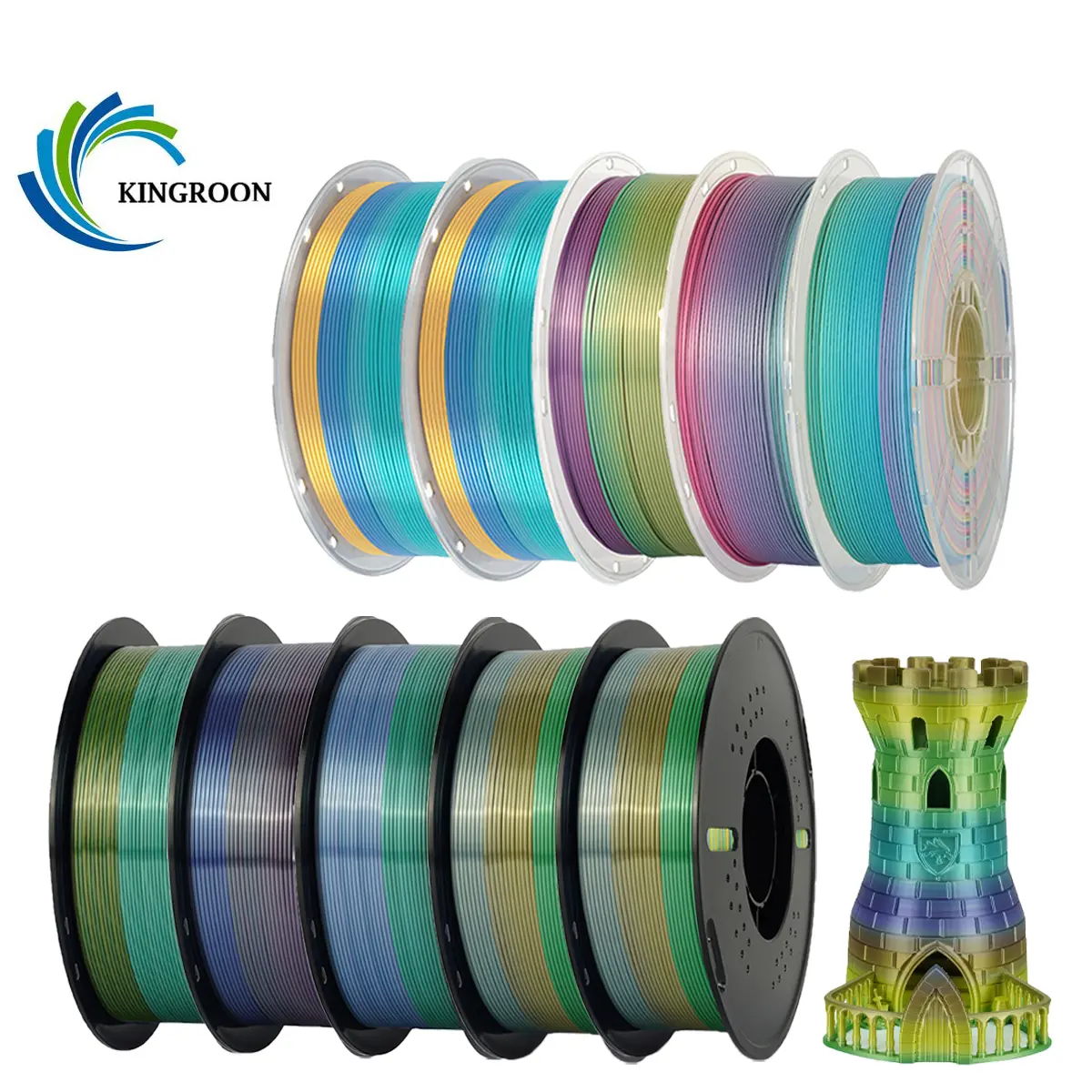 KINGROON 10KG Rainbow Silk PLA 3D Filament, 1.75mm Diameter, +/-0.03mm High Precision, Color-Changing, Tangle-Free, Smooth Feeding, Shiny Surface, Anti-Clogging for 3D Printing Vases, Models