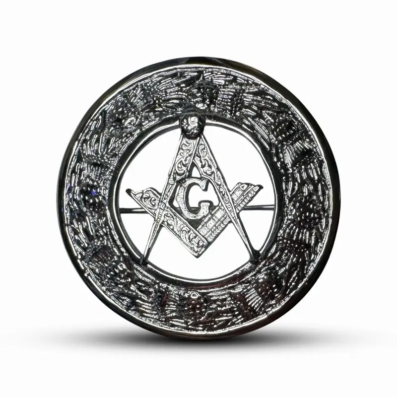 Scottish Highland Kilt Fly Plaid Brooch Thistle Masonic badge in an Nickel Chrome Finish.