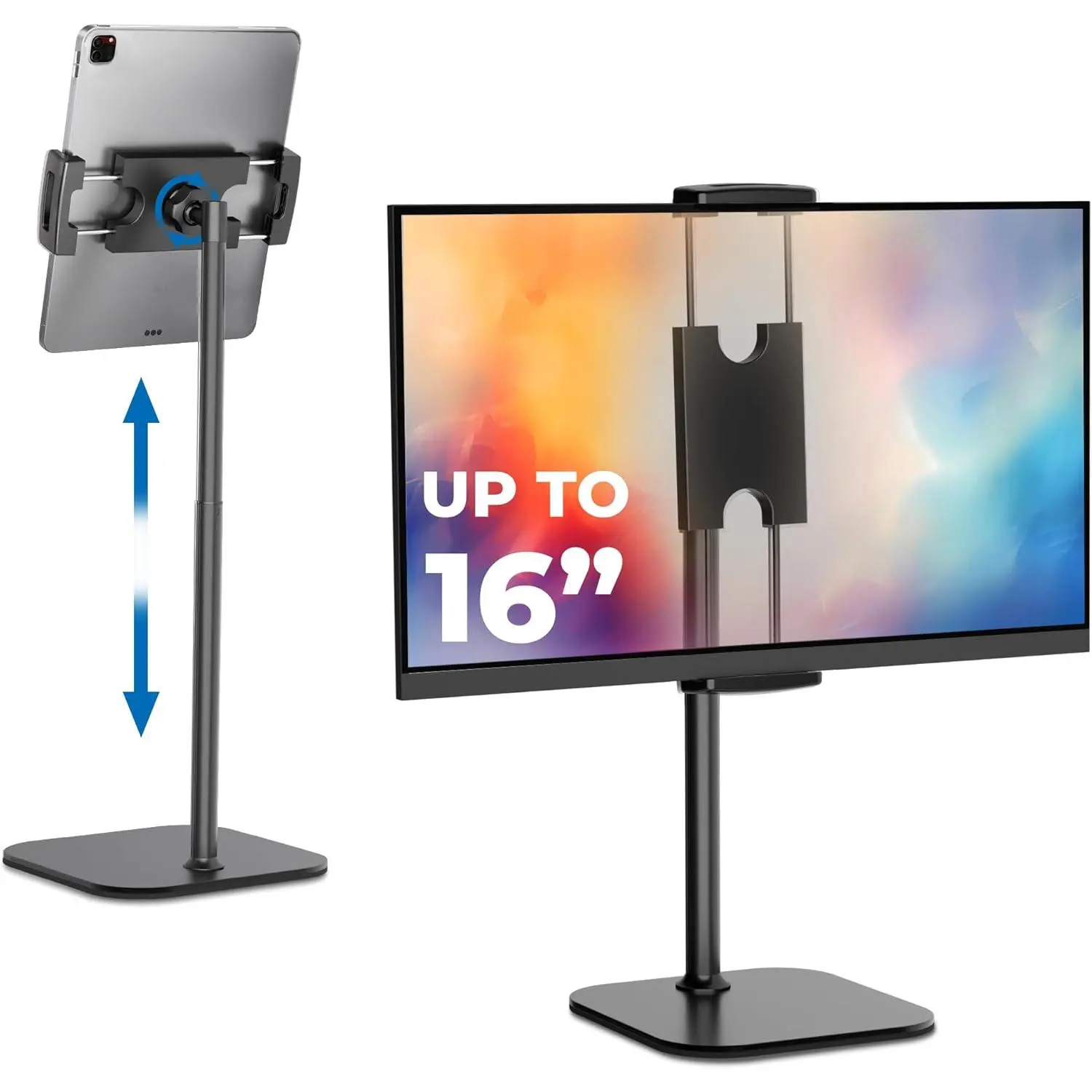 Durable Aluminum Alloy Metal Tablet Mount Stand with ABS, 13-20 in Adjustable Height-Tilt Telescoping Rotatable Holder, Anti-Slip Surface, Portable EVA Accessory for Desk, Compatible with All iPad (Pro, Air, Mini), Kindle (Night Black)