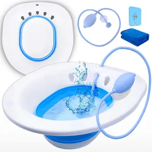 Sitz Bath for Toilet Care  Soaking Over The Seat Collapsible Basin with Flusher Vaginal Yoni Steam White/Blue
