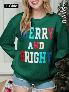 Women's CasualRound Neck Merry And Bright Cable Knit Pullover Sweatshirt, Christmas Graphic Top, Autumn & Winter Wear