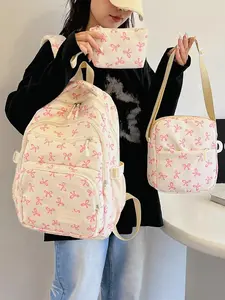 Simple and cute bow pattern women's backpack, stylish design and casual three piece set, suitable for daily use, business trips, and leisure activities