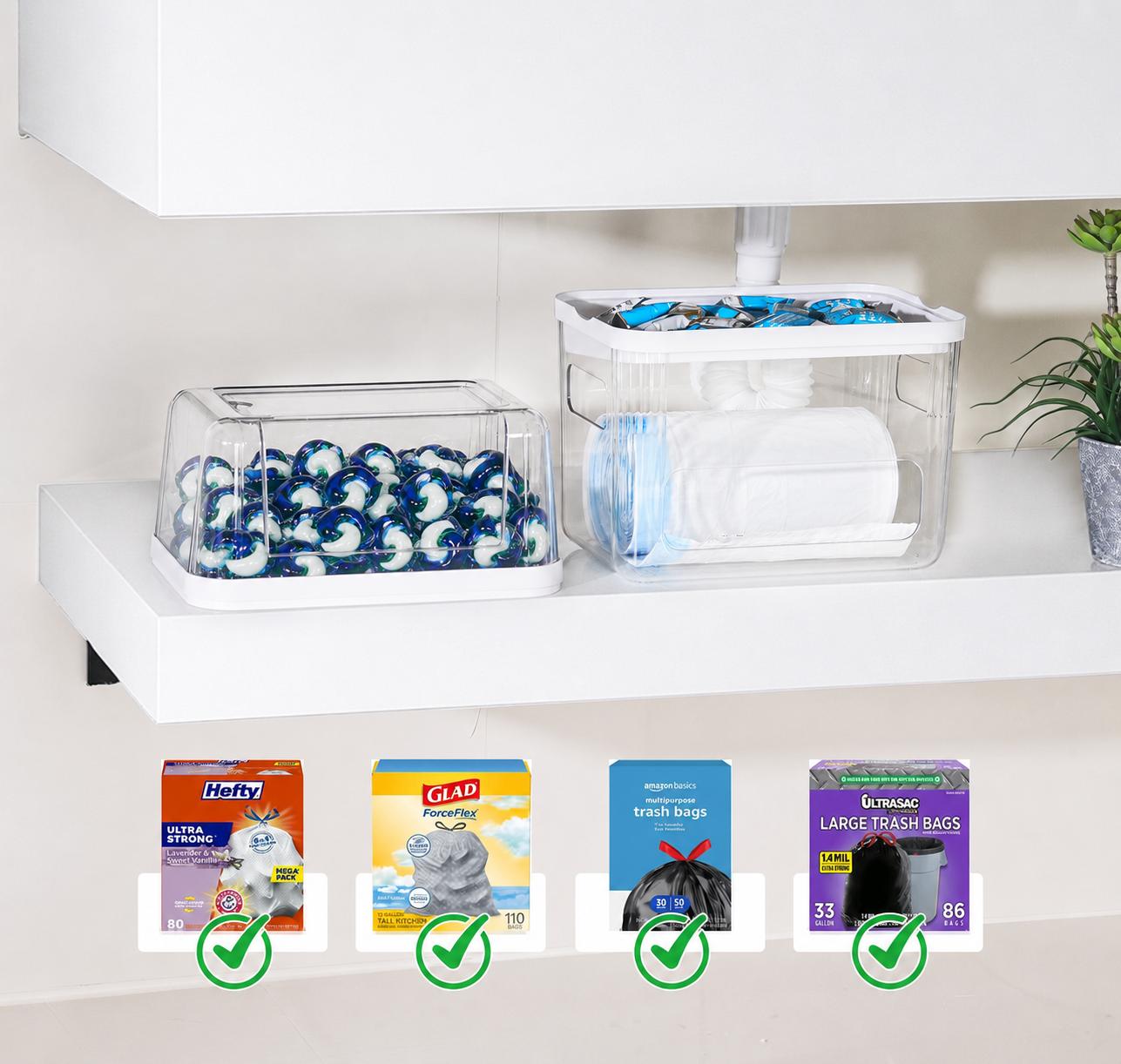 AIR U 3-in-1 Dustproof Compartment Container - Cabinet Box for 13/30/33 Gal Trash Bags, Dishwasher Pods, Laundry Detergent Tabs, Under Sink Organizer for Kitchen & Laundry Room (Dustproof Storage Boxes Line), Transparent