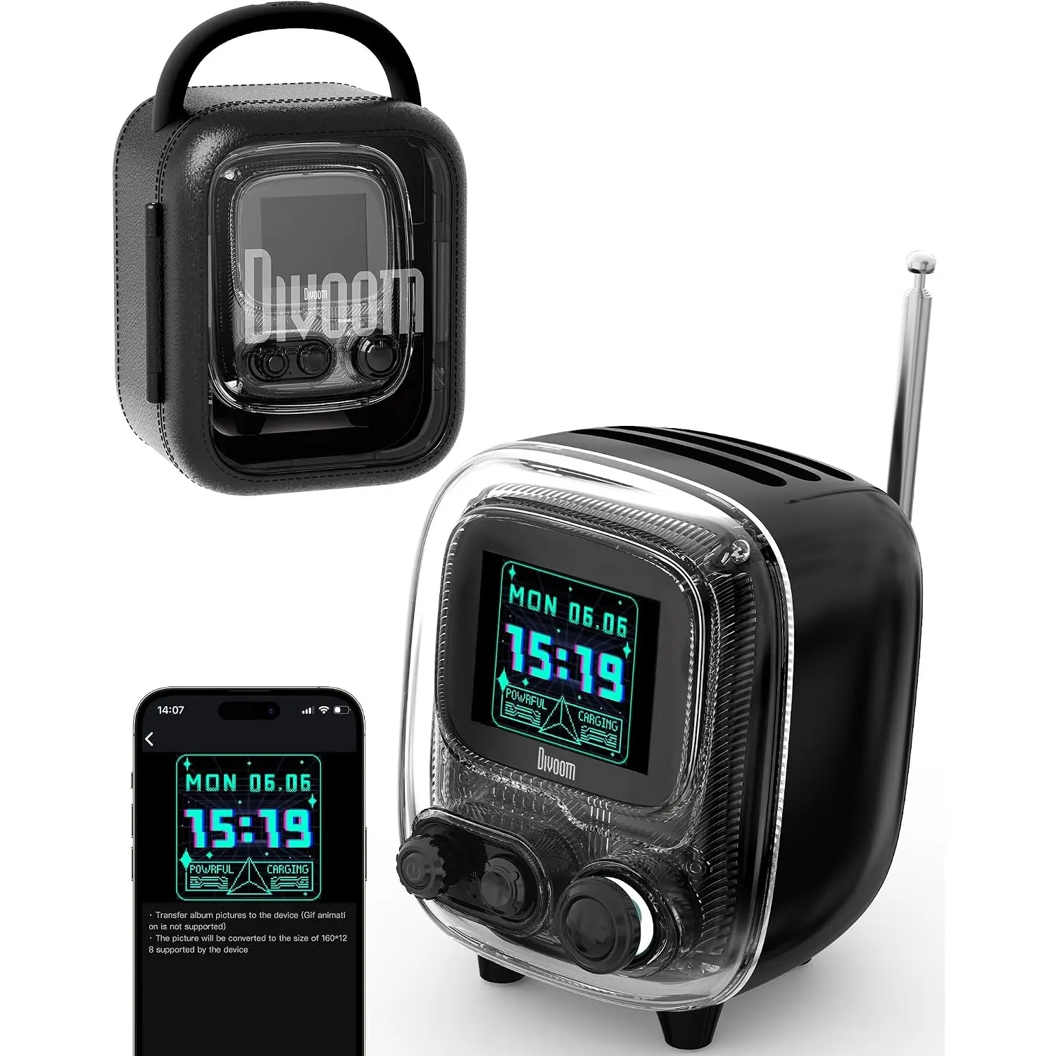Divoom Tiivoo-2 FM Radio,Retro Bluetooth Speaker with Pixel Art Display, Black Alarm Clock, Portable Mini Wireless Speaker, Cute Vintage Desk Decor Audio Gift