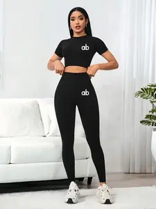 Basic Ab Letter Set, Short Waist-Tube Top & High-Waist Tight Pants, Casual Slim-Fit, All-Season Wear, American Style, Affordable