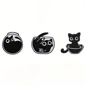 3/4pcs Metal Enamel Black Cat Pins Set, Cartoon Animal Brooches for Backpacks and Necklines, Craft Decoration Accessories, Durable Metal Pins
