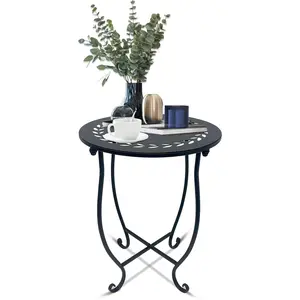 Indoor Outdoor Small Metal Round Side Table, 14 Inch Patio Coffee Bistro Table, Weather Resistant Black Metal Side Table for Patio Balcony Yard Porch Garden, Plant Stand for Indoor Outdoor Use