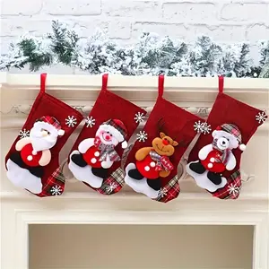 4pcs Christmas Stockings Gift Bags – Burlap Drawstring Holiday Bags with 4 Different Patterns | Reusable Rustic Style Candy, Jewelry & Gift Holders | Perfect for Xmas Party Favors, Holiday Decoration & Gift Wrapping