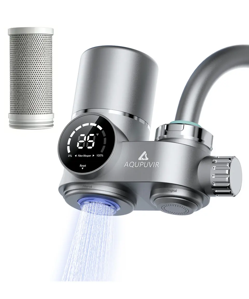 AQUPUVIR Faucet-Mounted Water Filter - 3-Stage Filtration, UV-C Sanitizer, LED Screen, Dual Operation Modes, 6-Month Replacement Supply for Drinking, Skin Care