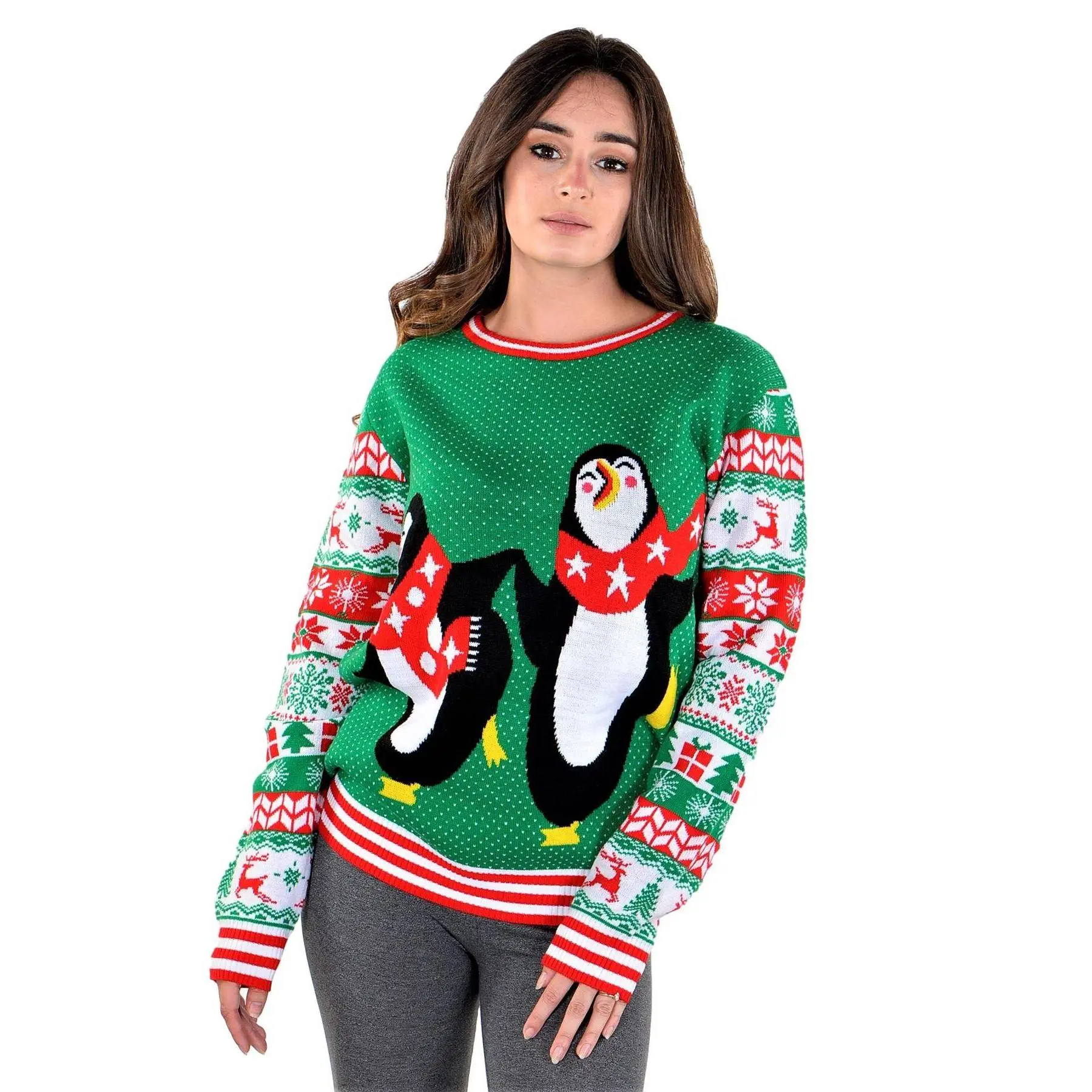 SOCAL LOOK Ugly Christmas Sweater for Teens, Green Long Sleeve Unisex Youth Cute Penguin Holiday Xmas Pullover for Big Boys & Girls