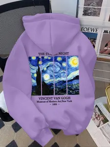 Women's Fashion Hoodie Starry Night Van Gogh Print, Casual Fitted Long Sleeve Sweatshirt, Fall & Winter Kangaroo Pocket Pullover Womenswear
