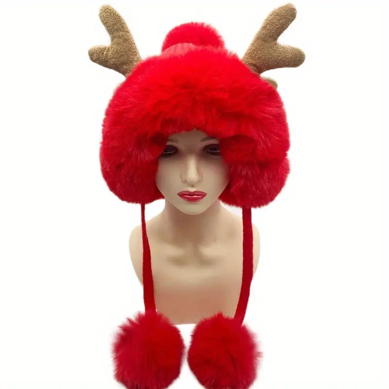 Cute Christmas Beanie Woolen Cap, with Pompons Classic Plush Earmuff, Thick Solid Color Knitted Hat, Reindeer Antlers Beanie Urinal Hat, Suitable for Outdoor Sports Wear, Suitable for Holiday Parties, Christmas, Halloween, Thanksgiving, Carnival